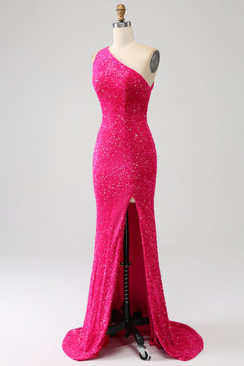 Sparkly Mermaid One Shoulder Fuchsia Sequins Long Formal Dress with Slit