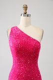 Sparkly Mermaid One Shoulder Fuchsia Sequins Long Formal Dress with Slit