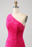 Sparkly Mermaid One Shoulder Fuchsia Sequins Long Formal Dress with Slit