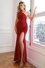 Load image into Gallery viewer, Sparkly Mermaid One Shoulder Fuchsia Sequins Long Formal Dress with Slit