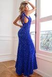 Sparkly Mermaid One Shoulder Fuchsia Sequins Long Formal Dress with Slit
