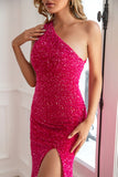 Fuchsia Sequin Long Formal Dress with Slit