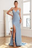 Light Blue Mermaid Long Formal Dress with Beading