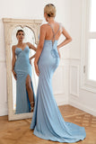 Light Blue Mermaid Long Formal Dress with Beading