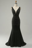 Mermaid Deep V Neck Black Lace Long Formal Dress with Beading