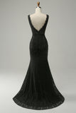 Mermaid Deep V Neck Black Lace Long Formal Dress with Beading