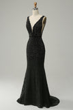 Mermaid Deep V Neck Black Lace Long Formal Dress with Beading