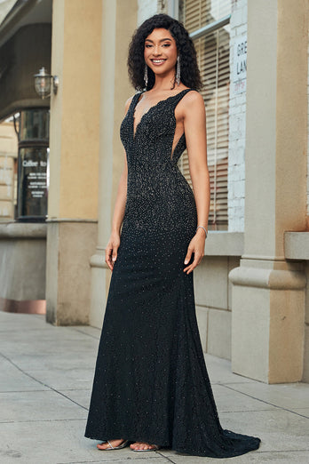 Sparkly Mermaid Deep V Neck Black Lace Long Formal Dress with Beading