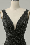 Mermaid Deep V Neck Black Lace Long Formal Dress with Beading