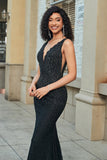 Sparkly Mermaid Deep V Neck Black Lace Long Formal Dress with Beading