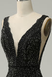 Mermaid Deep V Neck Black Lace Long Formal Dress with Beading