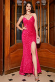 Sparkly Fuchsia Mermaid Spaghetti Straps V-Neck Sequin Long Formal Dress With Split