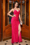 Sparkly Fuchsia Mermaid Spaghetti Straps V-Neck Sequin Long Formal Dress With Split