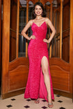 Sparkly Fuchsia Mermaid Spaghetti Straps V-Neck Sequin Long Formal Dress With Split