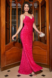 Sparkly Fuchsia Mermaid Spaghetti Straps V-Neck Sequin Long Formal Dress With Split