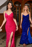 Sparkly Fuchsia Mermaid Spaghetti Straps V-Neck Sequin Long Formal Dress With Split