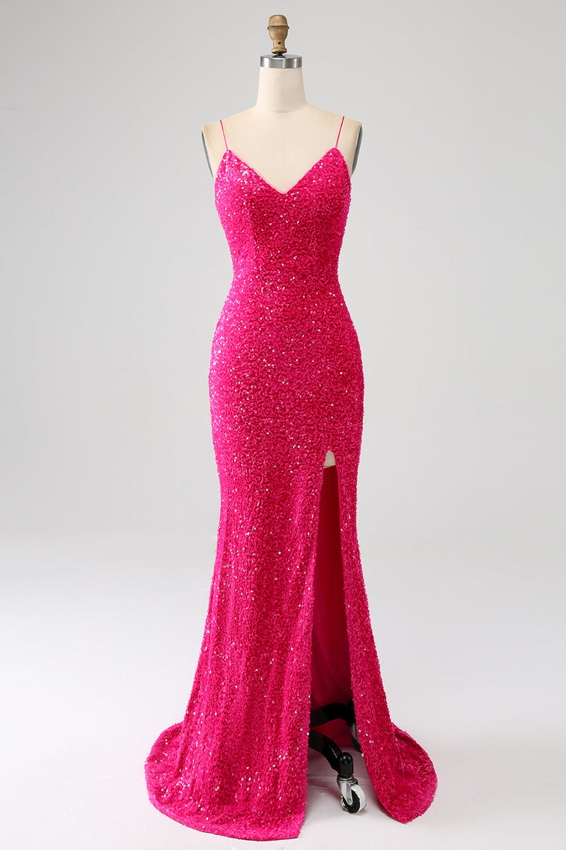 Load image into Gallery viewer, Sparkly Fuchsia Mermaid Spaghetti Straps V-Neck Sequin Long Formal Dress With Split