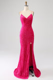 Sparkly Fuchsia Mermaid Spaghetti Straps V-Neck Sequin Long Formal Dress With Split