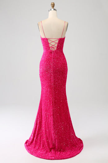 Sparkly Fuchsia Mermaid Spaghetti Straps V-Neck Sequin Long Formal Dress With Split