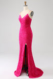 Fuchsia Mermaid Spaghetti Straps V-Neck Sequin Formal Dress With Split