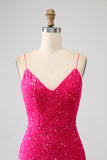 Fuchsia Mermaid Spaghetti Straps V-Neck Sequin Formal Dress With Split