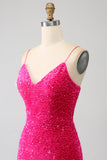 Fuchsia Mermaid Spaghetti Straps V-Neck Sequin Formal Dress With Split