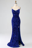 Sparkly Fuchsia Mermaid Spaghetti Straps V-Neck Sequin Long Formal Dress With Split