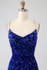 Load image into Gallery viewer, Fuchsia Mermaid Spaghetti Straps V-Neck Sequin Formal Dress With Split