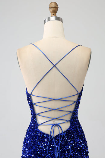 Fuchsia Mermaid Spaghetti Straps V-Neck Sequin Formal Dress With Split