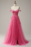 A Line Off the Shoulder Hot Pink Long Formal Dress with Appliques