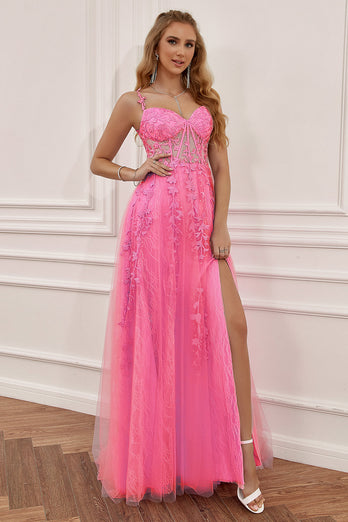 A Line Spaghetti Straps Hot Pink Formal Dress with Appliques