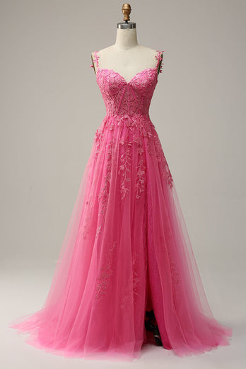 A Line Off the Shoulder Hot Pink Long Formal Dress with Appliques