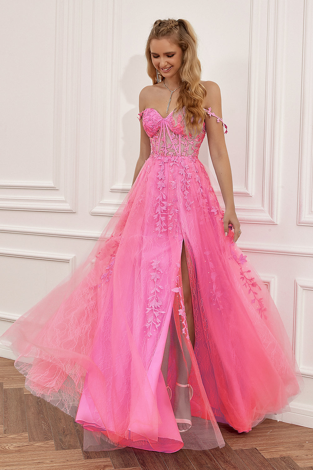 A Line Spaghetti Straps Hot Pink Formal Dress with Appliques
