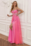 A Line Spaghetti Straps Hot Pink Formal Dress with Appliques