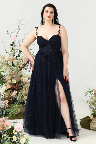 A Line Spaghetti Straps Navy Plus Size Formal Dress with Appliques