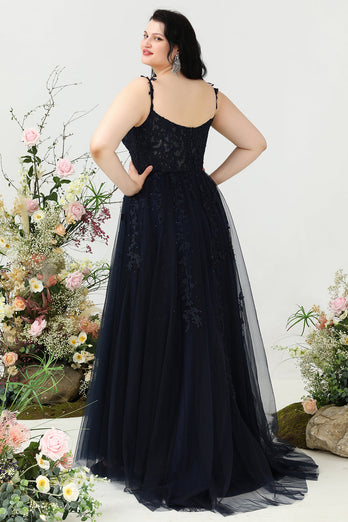 A Line Spaghetti Straps Navy Plus Size Formal Dress with Appliques