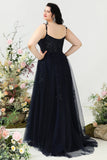 A Line Spaghetti Straps Navy Plus Size Formal Dress with Appliques