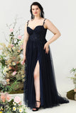 A Line Spaghetti Straps Navy Plus Size Formal Dress with Appliques