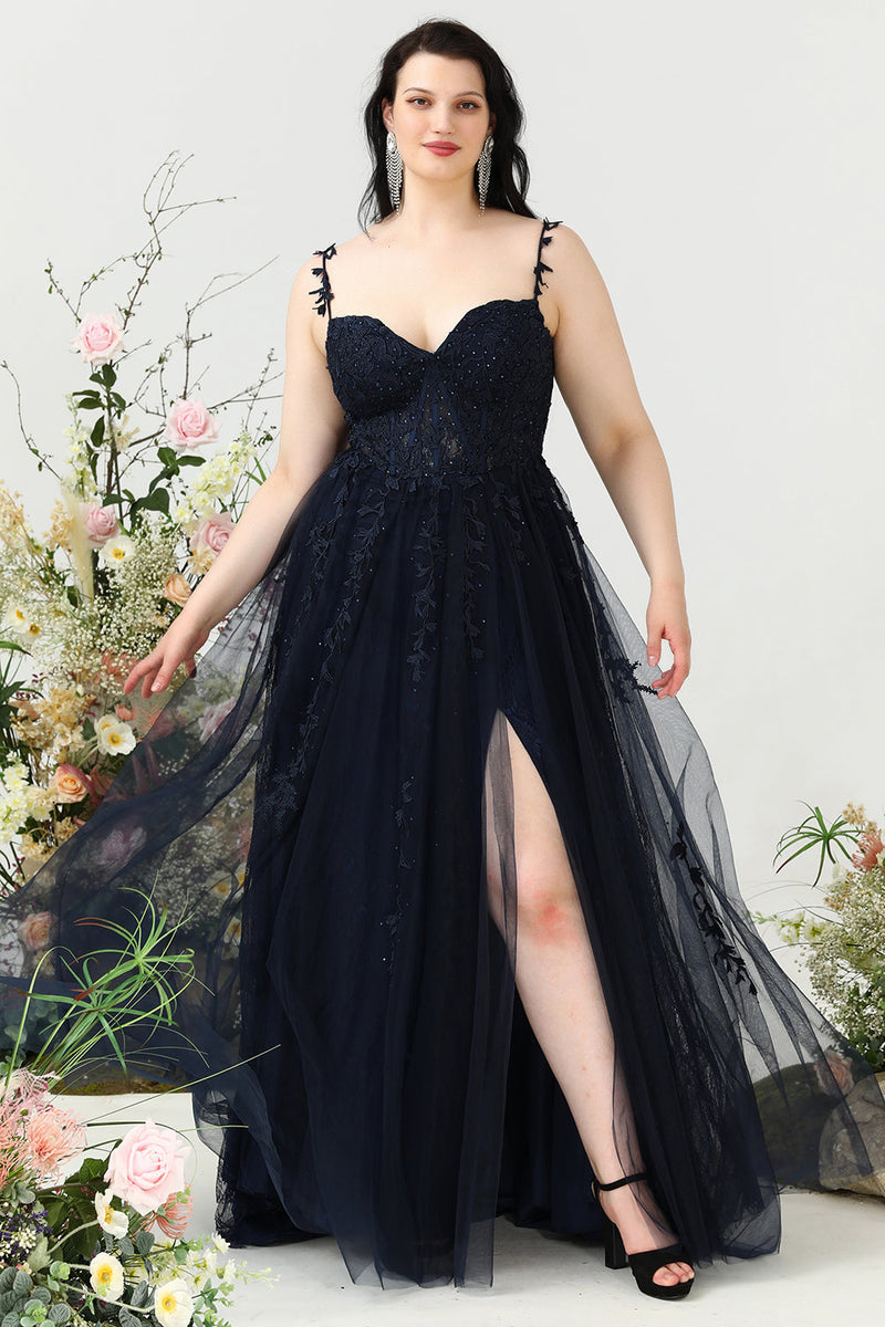 Load image into Gallery viewer, A Line Spaghetti Straps Navy Plus Size Formal Dress with Appliques