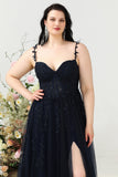 A Line Spaghetti Straps Navy Plus Size Formal Dress with Appliques