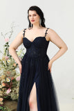 A Line Spaghetti Straps Navy Plus Size Formal Dress with Appliques