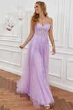A Line Off the Shoulder Hot Pink Long Formal Dress with Appliques
