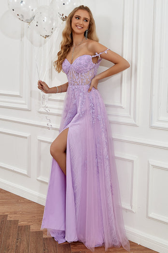 Purple Off the Shoulder Long Formal Dress with Appliques