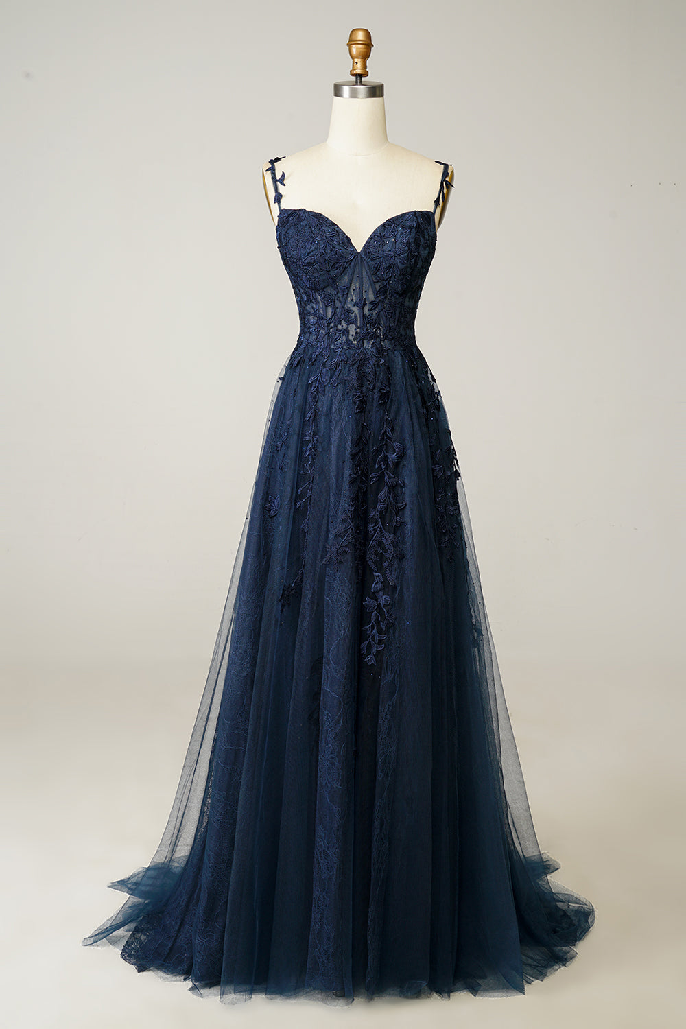 A Line Spaghetti Straps Navy Formal Dress with Appliques
