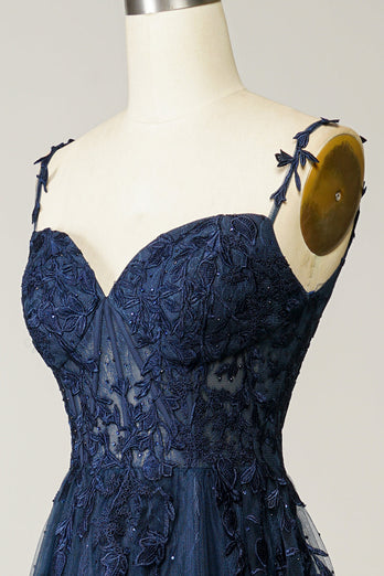 A Line Spaghetti Straps Navy Formal Dress with Appliques