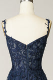 A Line Spaghetti Straps Navy Formal Dress with Appliques