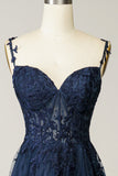 A Line Spaghetti Straps Navy Formal Dress with Appliques