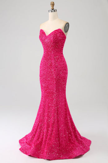 Bling Mermaid Sweetheart Hot Pink Sequins Long Formal Dress