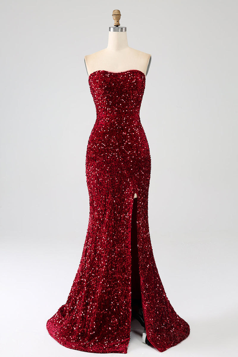 Load image into Gallery viewer, Red Strapless Sequins Long Mermaid Formal Dress With Slit