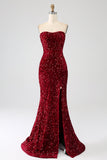 Red Strapless Sequins Long Mermaid Formal Dress With Slit